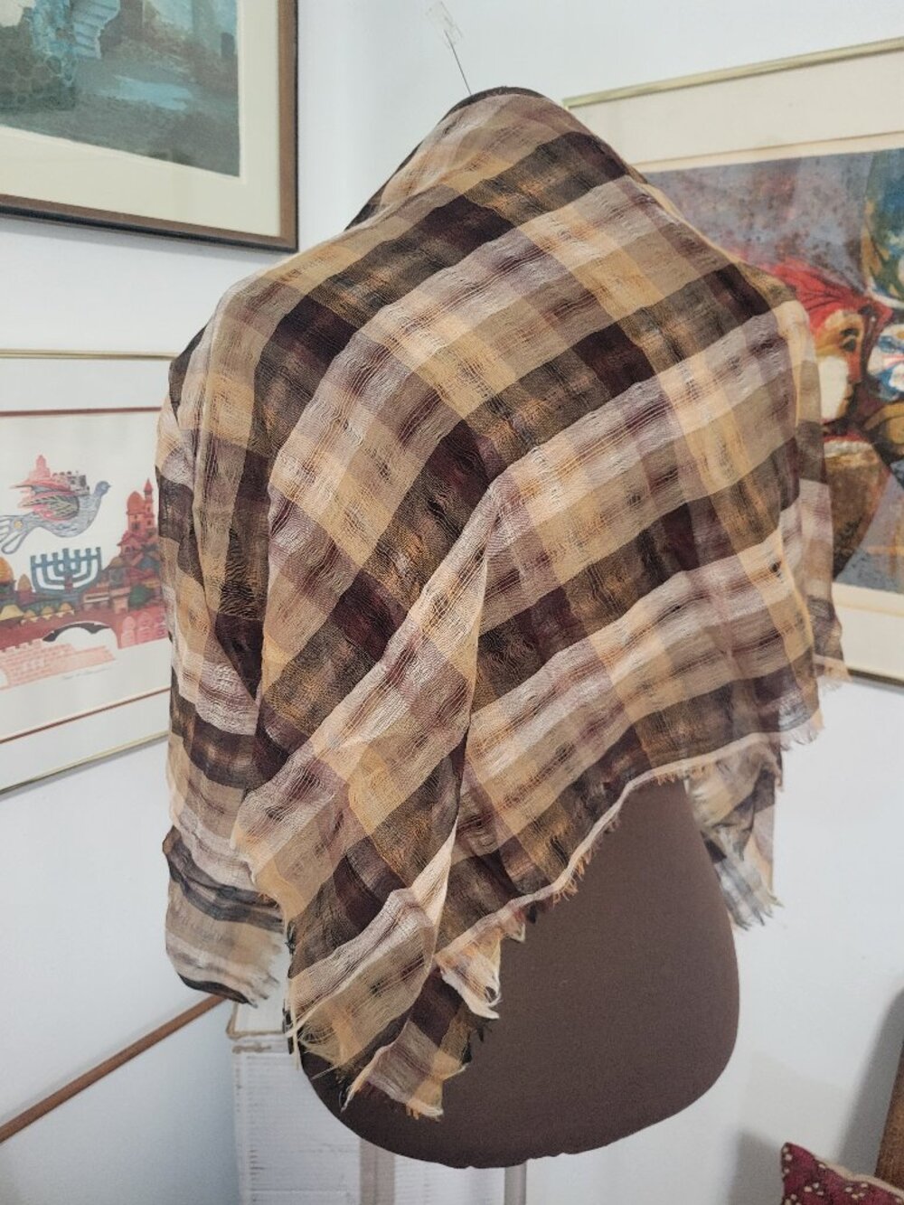 Tan Plaid Light Weight Woven Wool Wrap or Shawl by Nulla